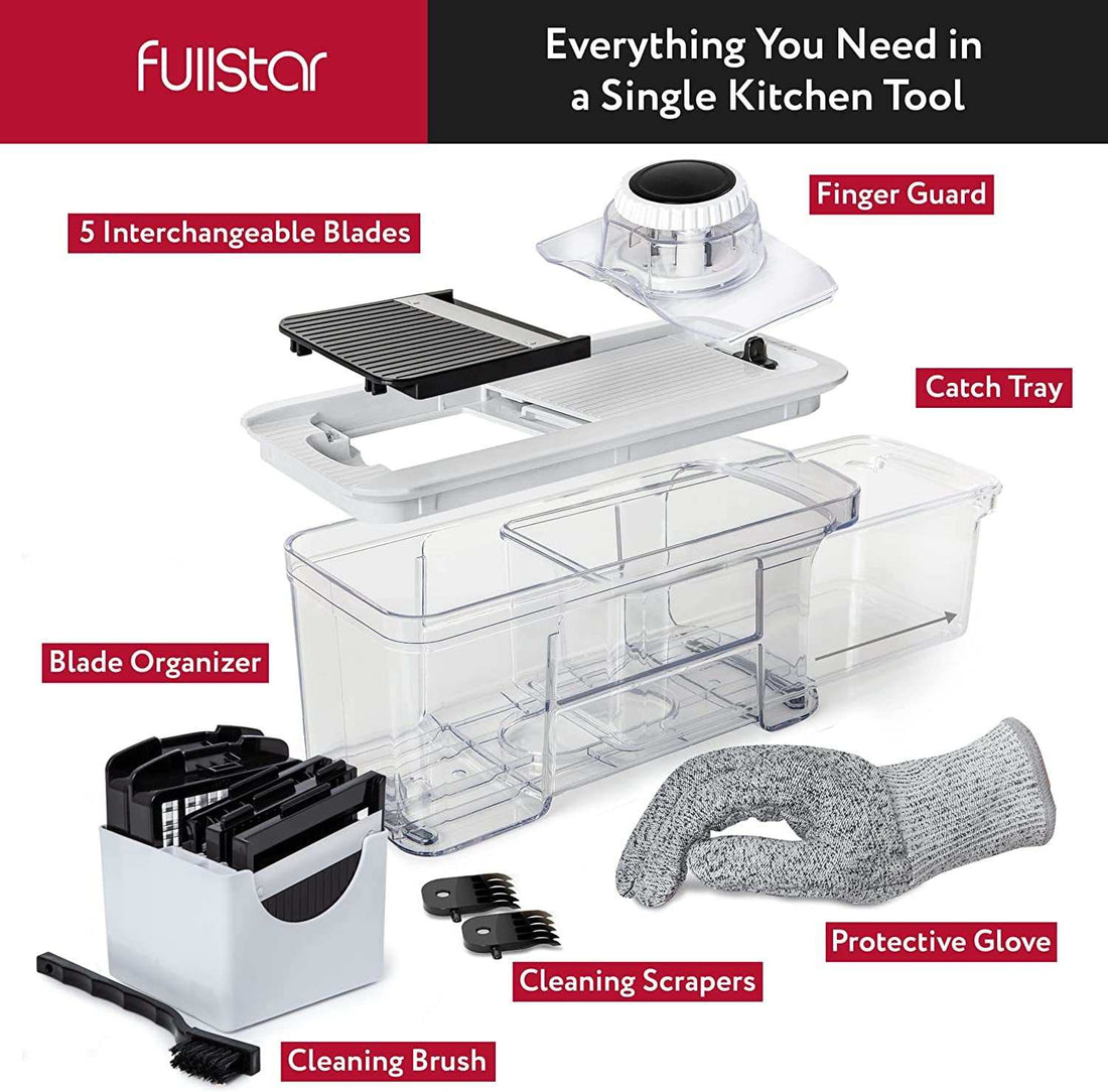 All-In-1 Vegetable Chopper, Mandoline Slicer & Cheese Grater - Multi Blade French Fry Cutter & Veggie Dicer - Includes Bonus Handheld Spiralizer & Kitchen Gadgets (6 in 1,Black/White)