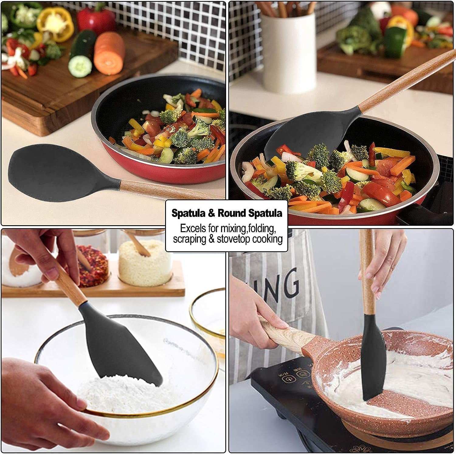 Cooking Utensils Set, 19-Piece Silicone Utensil and Knife Set with Block, Including 11 Silicone Utensils, 5 Stainless Steel Knives, Scissors, Kitchen Utensils Block and Cutting Board by -Black