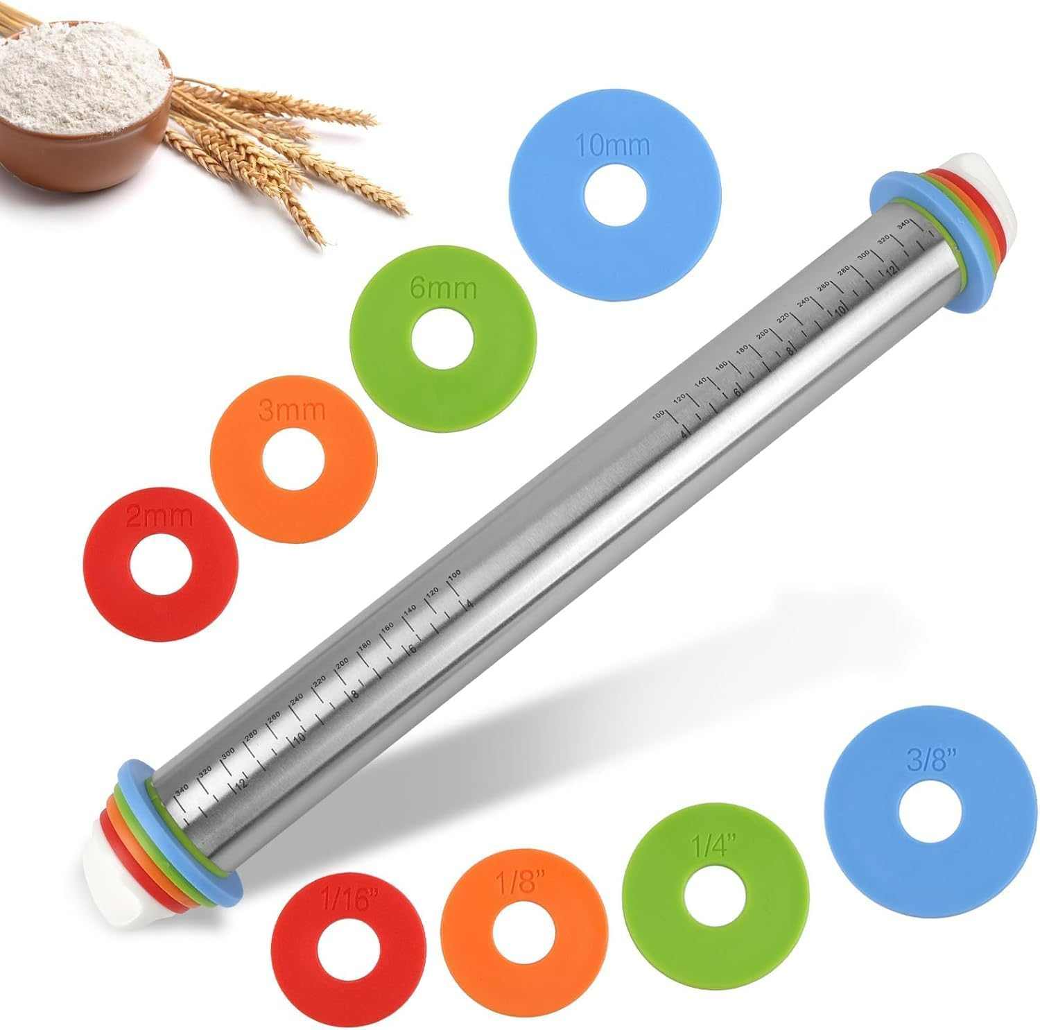 Adjustable Stainless Steel Rolling Pin with 4 Thickness Rings (2/3/6/10Mm) – Removable Discs for Dough, Pizza, Pastry & Cookies – Non-Stick, Dishwasher Safe Baking Tool
