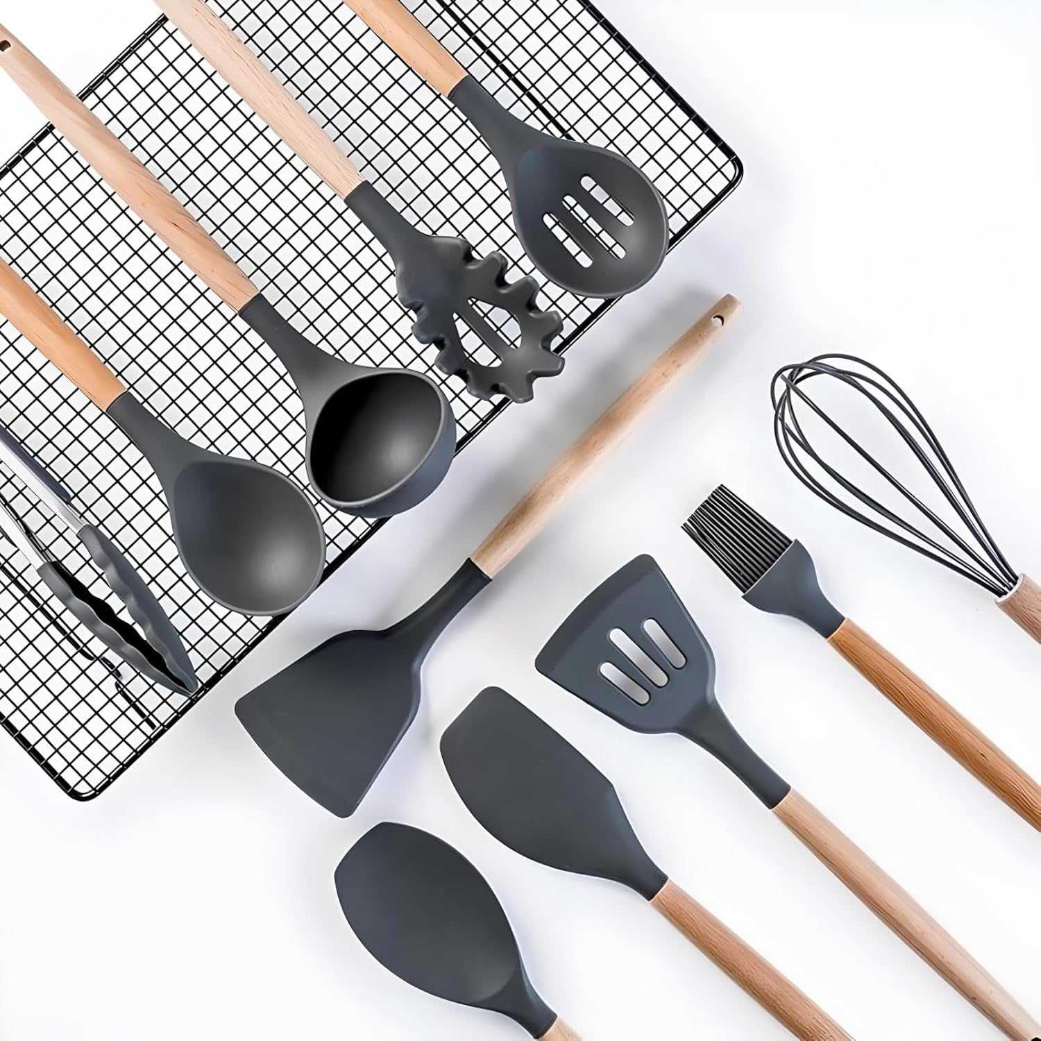 Cooking Utensils Set, 19-Piece Silicone Utensil and Knife Set with Block, Including 11 Silicone Utensils, 5 Stainless Steel Knives, Scissors, Kitchen Utensils Block and Cutting Board by -Black