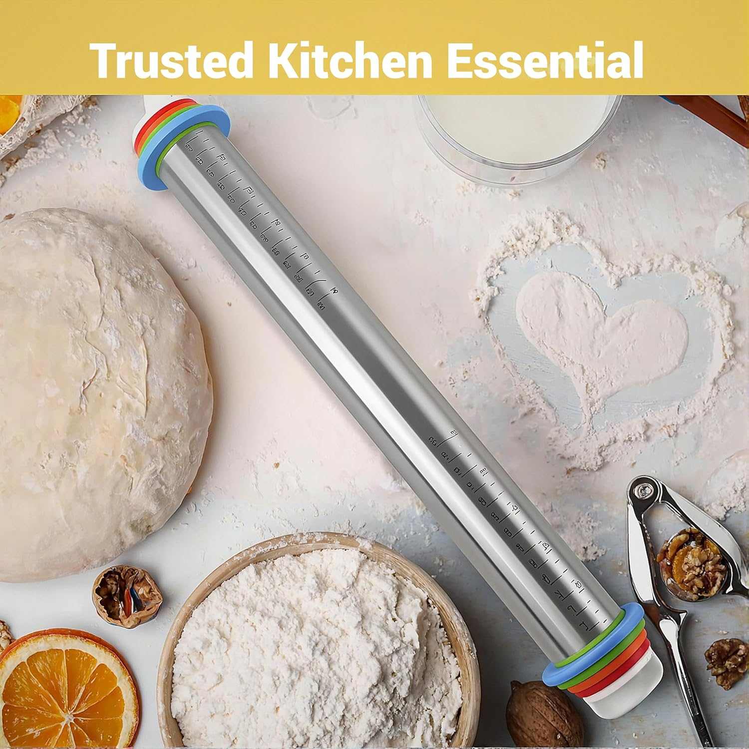 Adjustable Stainless Steel Rolling Pin with 4 Thickness Rings (2/3/6/10Mm) – Removable Discs for Dough, Pizza, Pastry & Cookies – Non-Stick, Dishwasher Safe Baking Tool
