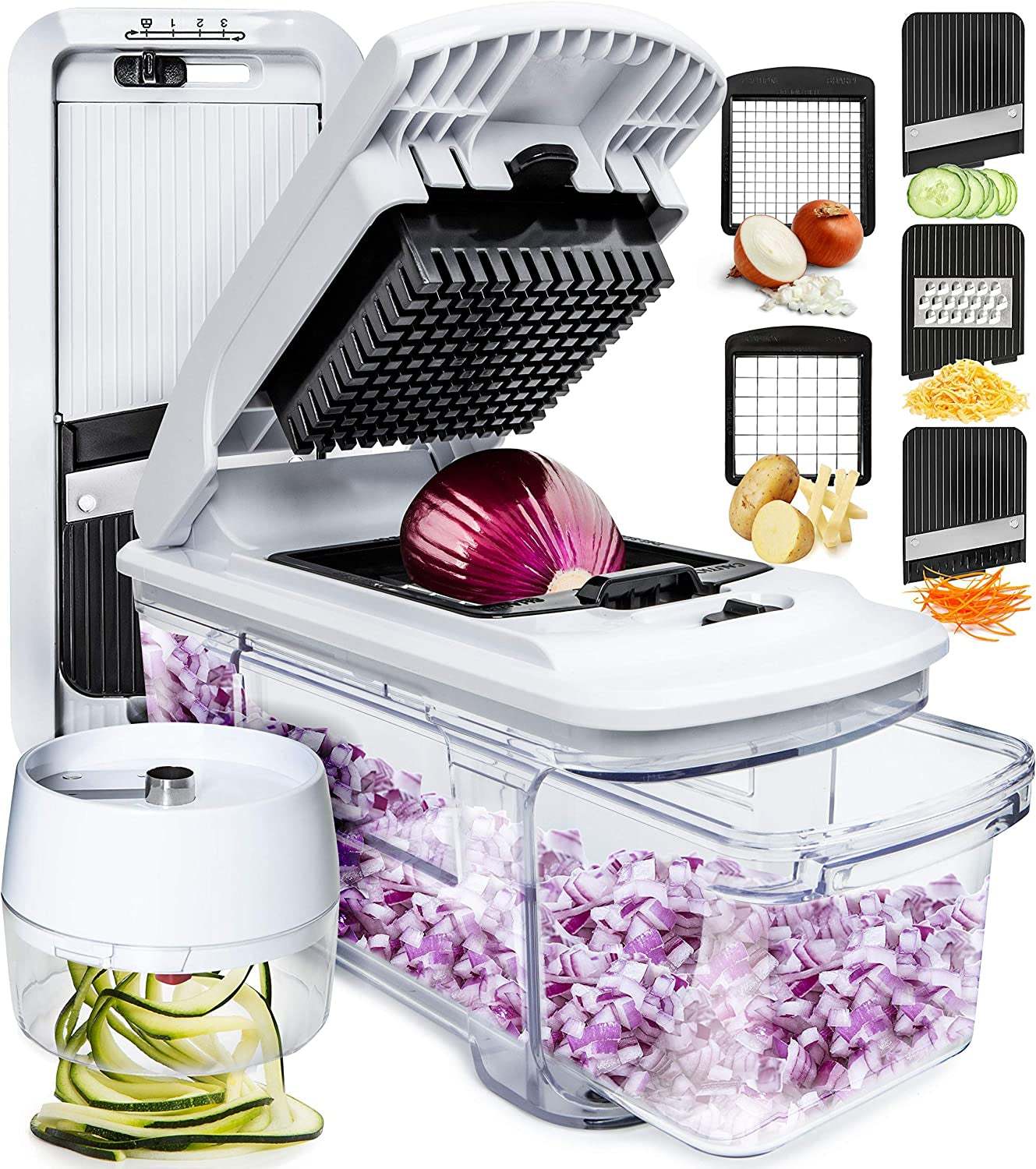 All-In-1 Vegetable Chopper, Mandoline Slicer & Cheese Grater - Multi Blade French Fry Cutter & Veggie Dicer - Includes Bonus Handheld Spiralizer & Kitchen Gadgets (6 in 1,Black/White)