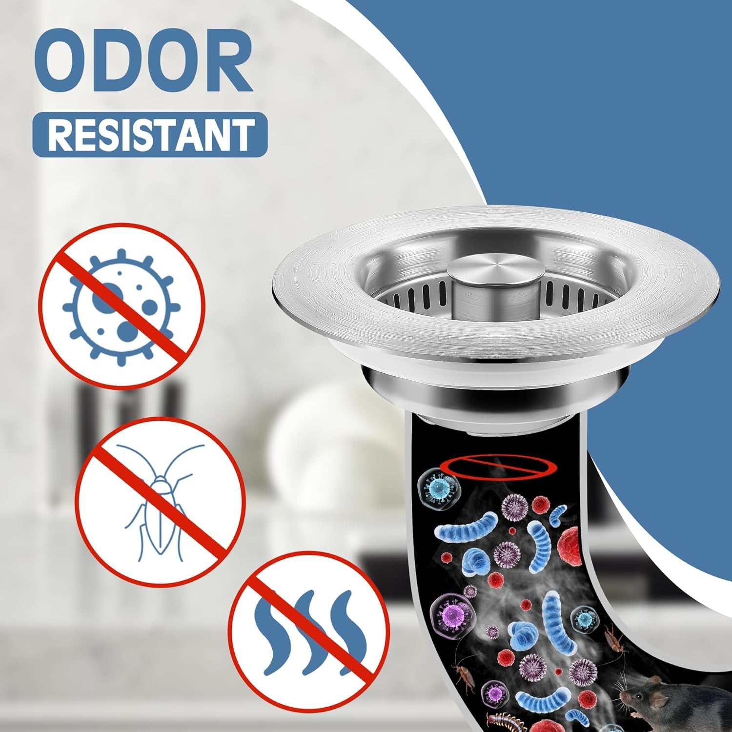 Kitchen Sink Drain Strainer 3 in 1, 304 Stainless Steel Pop up Sink Stopper, Anti-Clogging Sink Drain Strainer for US Standard Kitchen Drain