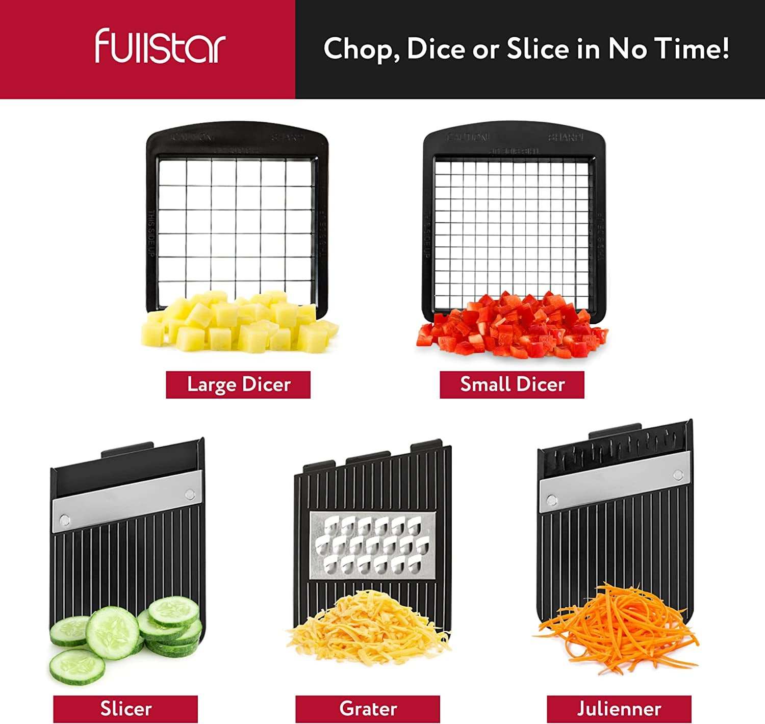 All-In-1 Vegetable Chopper, Mandoline Slicer & Cheese Grater - Multi Blade French Fry Cutter & Veggie Dicer - Includes Bonus Handheld Spiralizer & Kitchen Gadgets (6 in 1,Black/White)