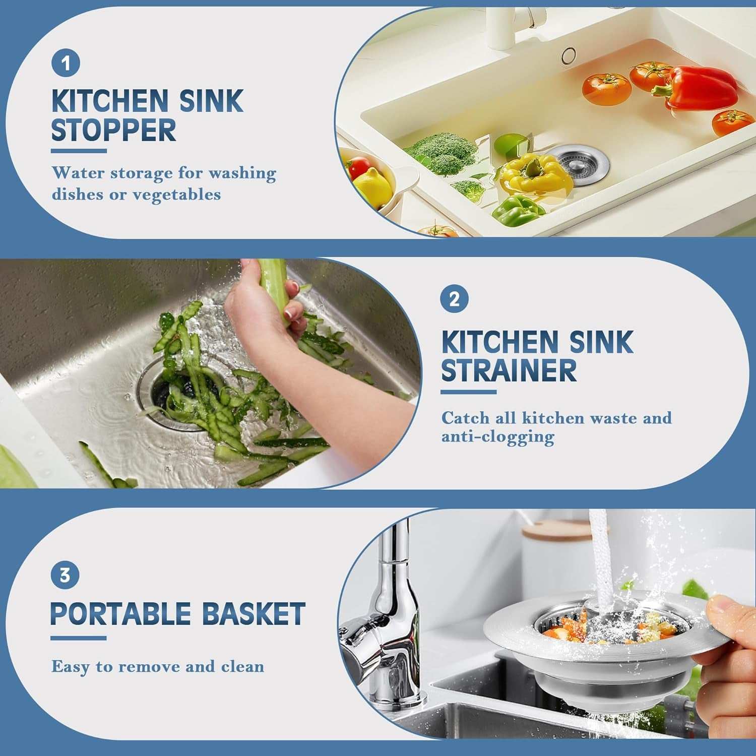 Kitchen Sink Drain Strainer 3 in 1, 304 Stainless Steel Pop up Sink Stopper, Anti-Clogging Sink Drain Strainer for US Standard Kitchen Drain