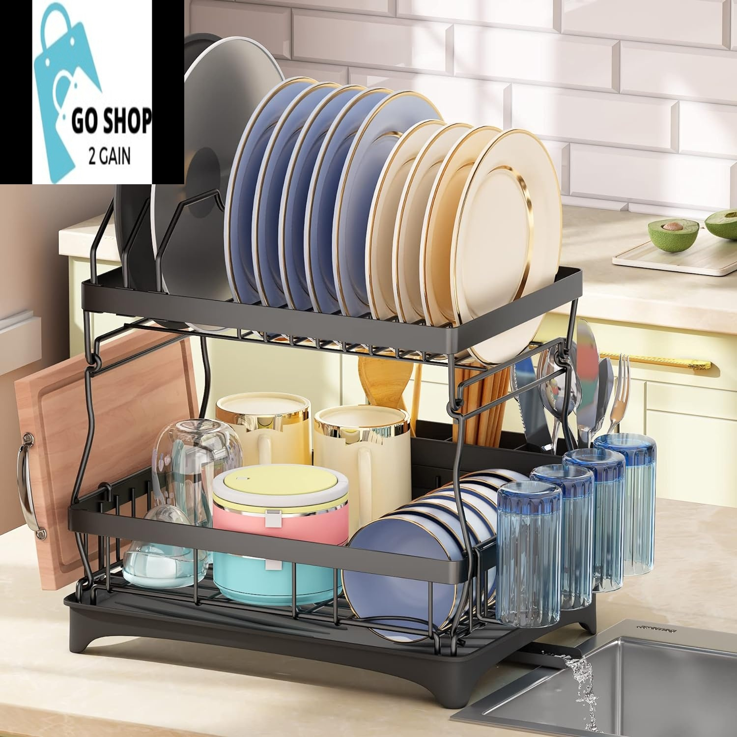 Dish Drying Rack, Detachable 2 Tier Dish Racks for Kitchen Counter with Pot Rack, Large Capacity Dish Drainer with Drainboard Organizer Shelf with Utensil Holder, Cup Rack, Cutting Board Holder, Black