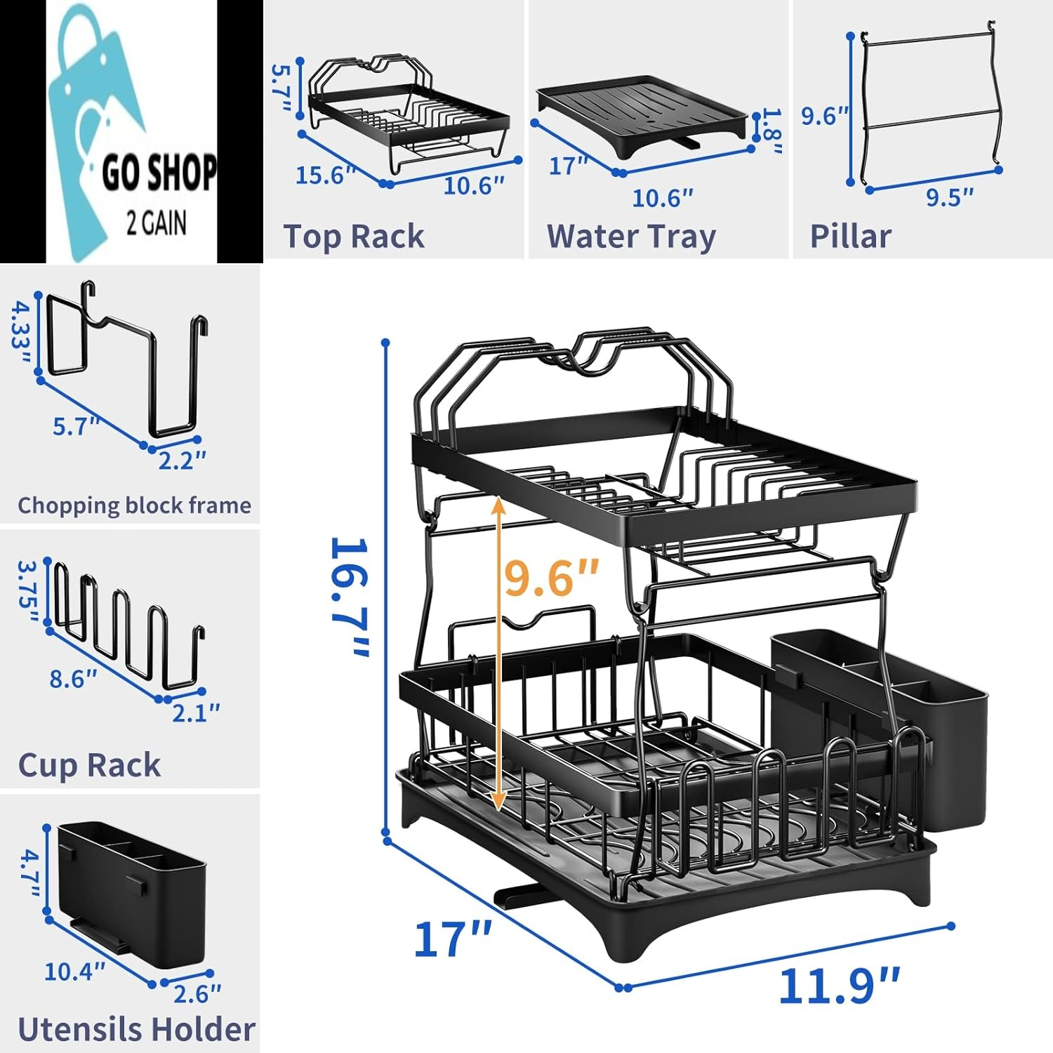 Dish Drying Rack, Detachable 2 Tier Dish Racks for Kitchen Counter with Pot Rack, Large Capacity Dish Drainer with Drainboard Organizer Shelf with Utensil Holder, Cup Rack, Cutting Board Holder, Black