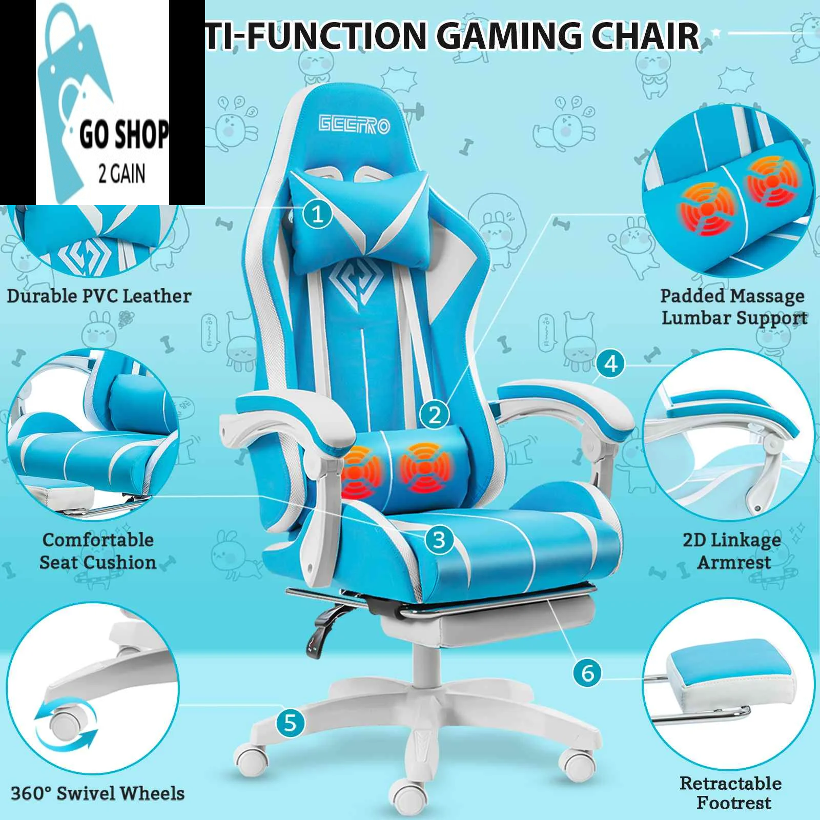Ultimate Gaming Chair: RGB Light, Ergonomic Design, and 2-Point Massage for Gamers & Office Use