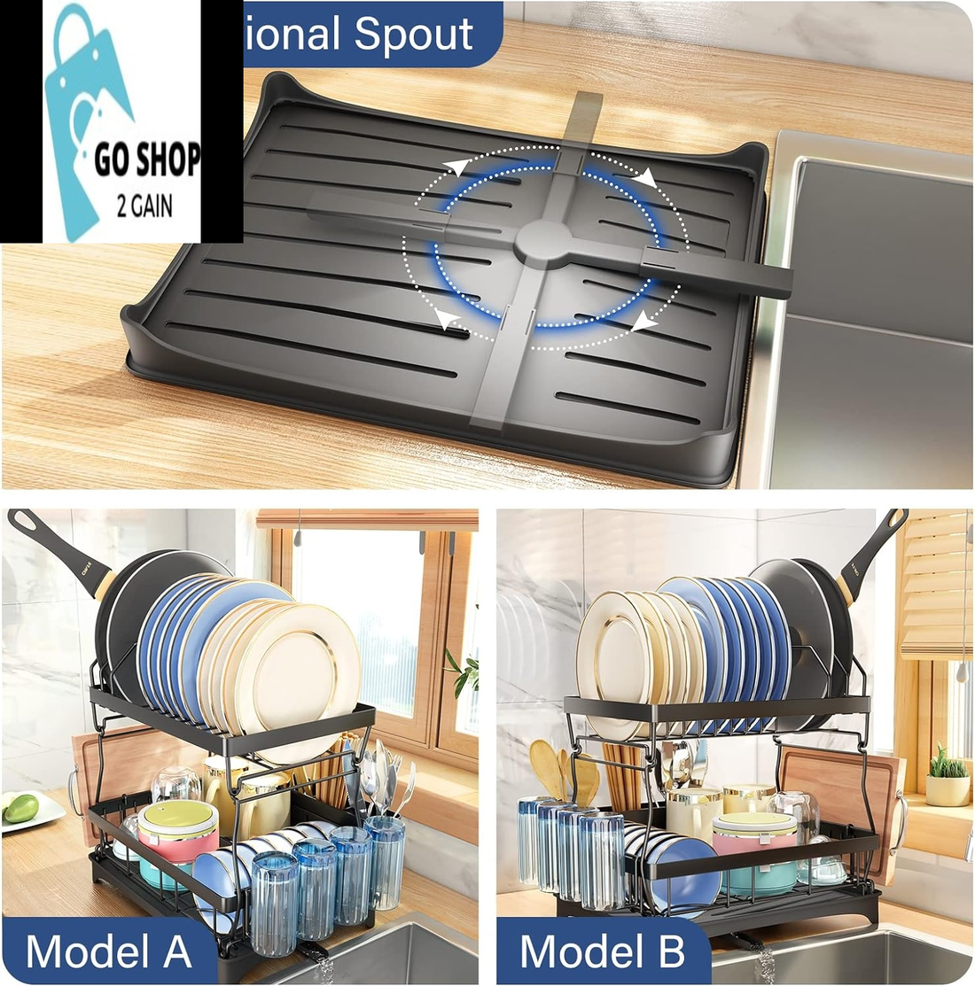 Dish Drying Rack, Detachable 2 Tier Dish Racks for Kitchen Counter with Pot Rack, Large Capacity Dish Drainer with Drainboard Organizer Shelf with Utensil Holder, Cup Rack, Cutting Board Holder, Black