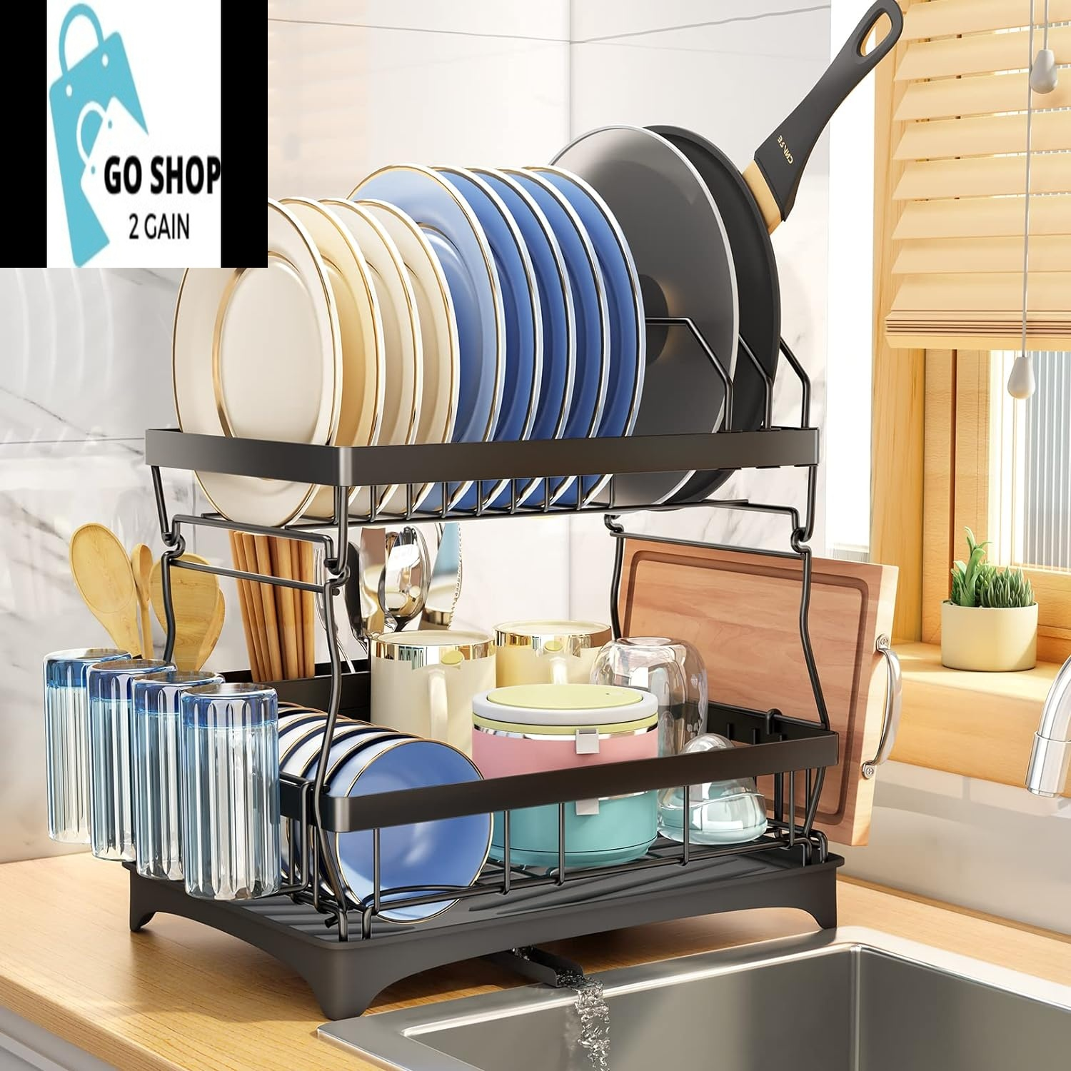 Dish Drying Rack, Detachable 2 Tier Dish Racks for Kitchen Counter with Pot Rack, Large Capacity Dish Drainer with Drainboard Organizer Shelf with Utensil Holder, Cup Rack, Cutting Board Holder, Black