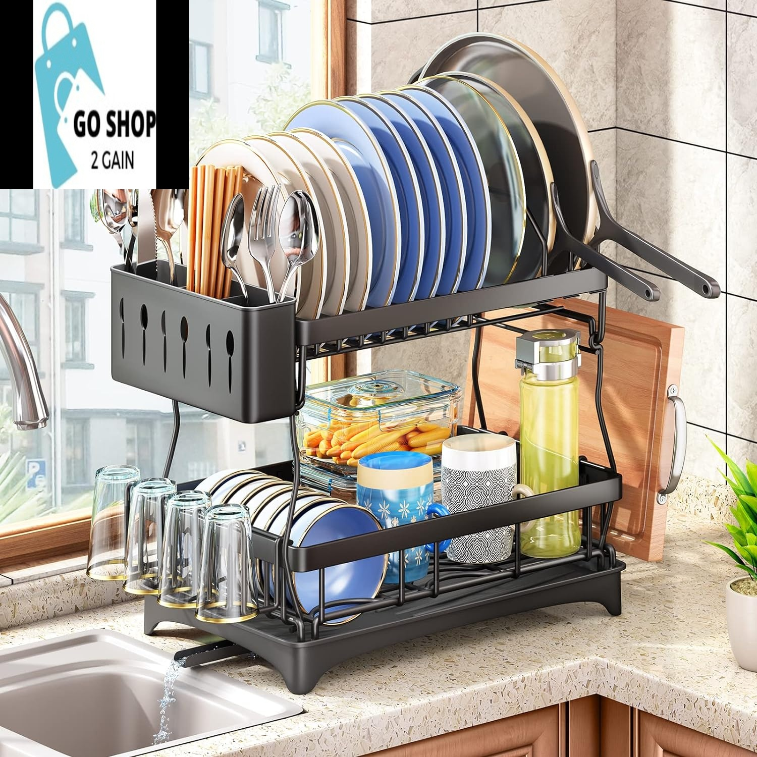 Dish Drying Rack, Detachable 2 Tier Dish Racks for Kitchen Counter with Pot Rack, Large Capacity Dish Drainer with Drainboard Organizer Shelf with Utensil Holder, Cup Rack, Cutting Board Holder, Black