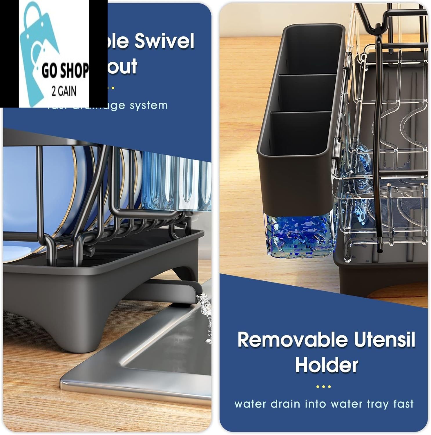 Dish Drying Rack, Detachable 2 Tier Dish Racks for Kitchen Counter with Pot Rack, Large Capacity Dish Drainer with Drainboard Organizer Shelf with Utensil Holder, Cup Rack, Cutting Board Holder, Black