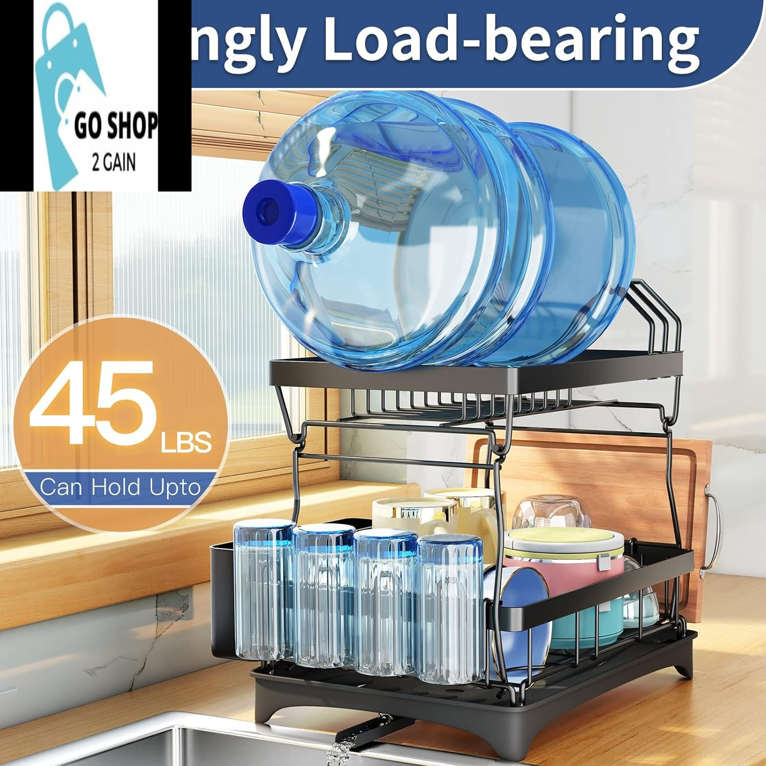 Dish Drying Rack, Detachable 2 Tier Dish Racks for Kitchen Counter with Pot Rack, Large Capacity Dish Drainer with Drainboard Organizer Shelf with Utensil Holder, Cup Rack, Cutting Board Holder, Black