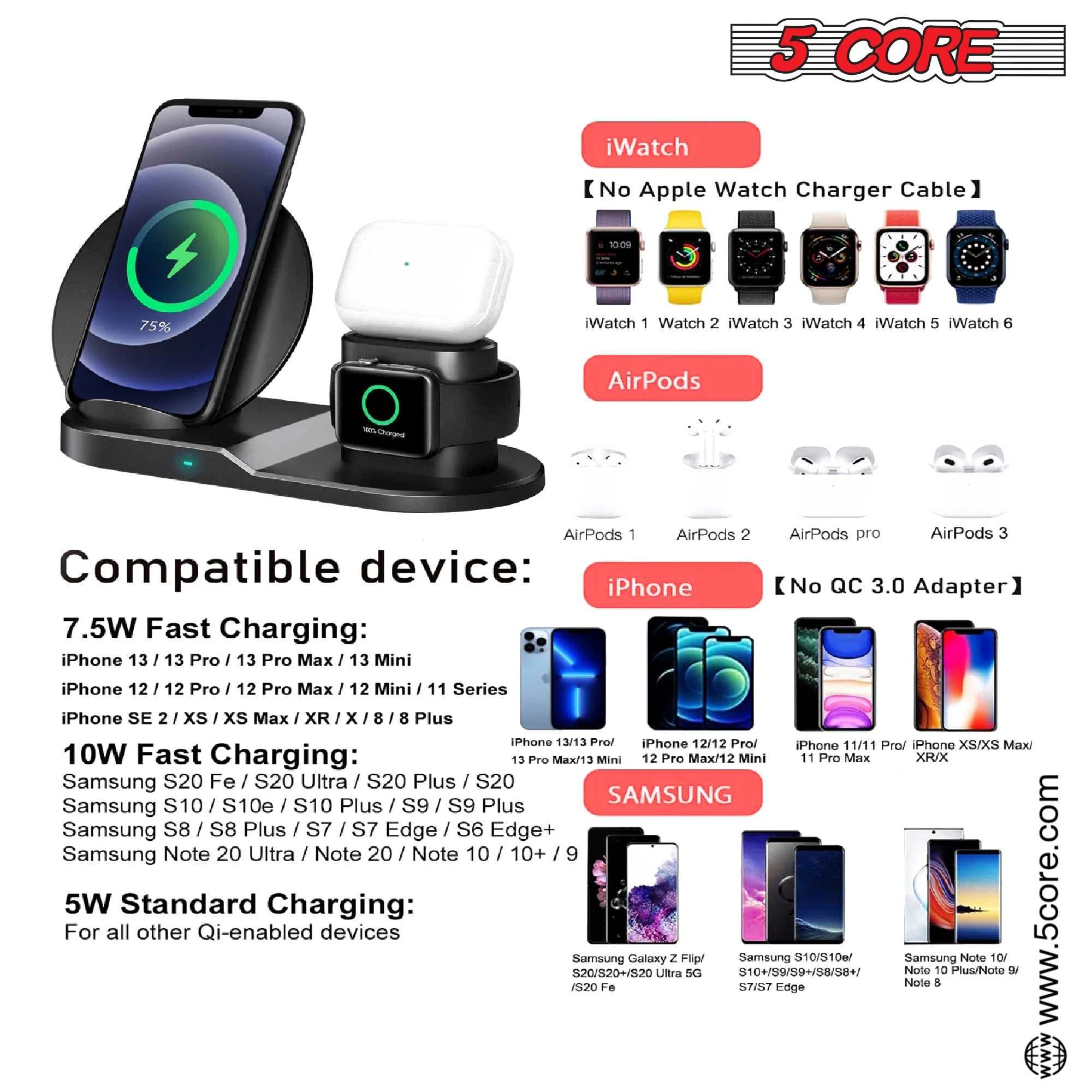 Wireless Charging Station 3 in 1 Wireless Charger Stand QI Fast Wireless Charging W Dual Coil for Samsung Iphone for Apple Watch Airpod -WCR 3