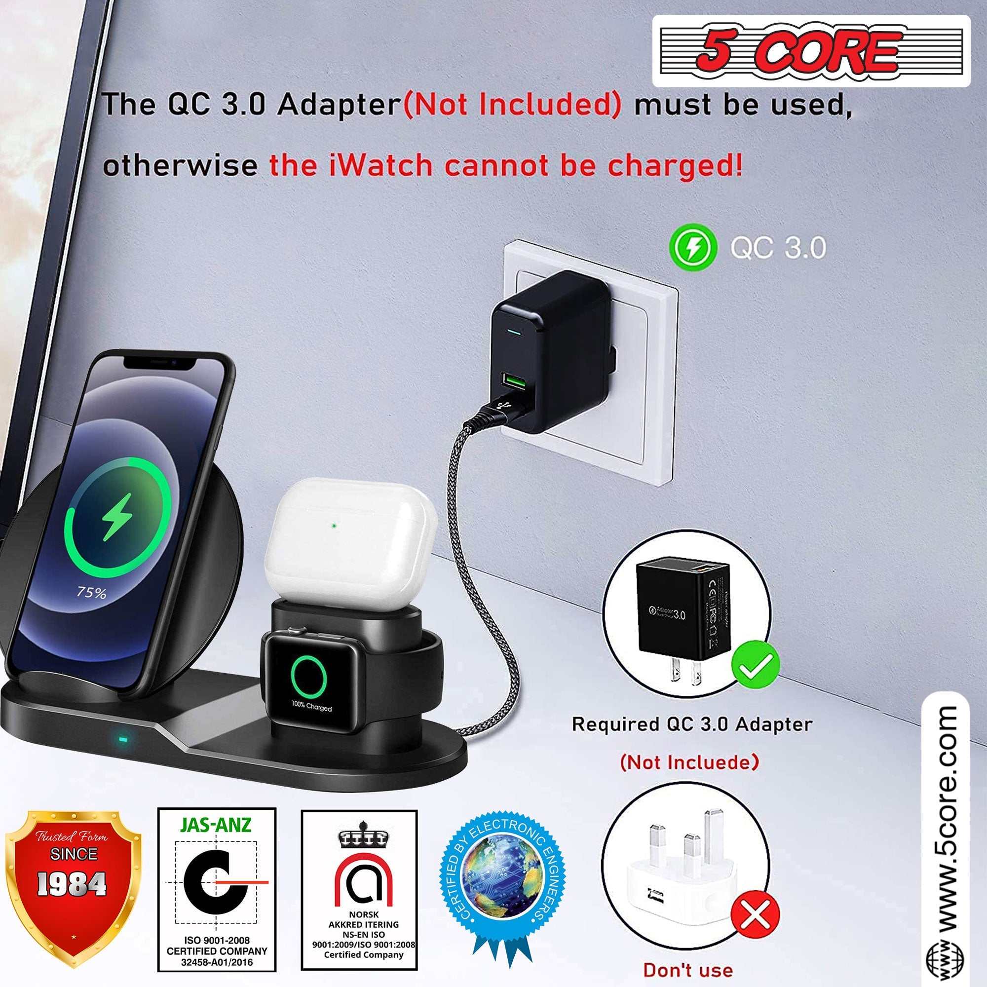 Wireless Charging Station 3 in 1 Wireless Charger Stand QI Fast Wireless Charging W Dual Coil for Samsung Iphone for Apple Watch Airpod -WCR 3