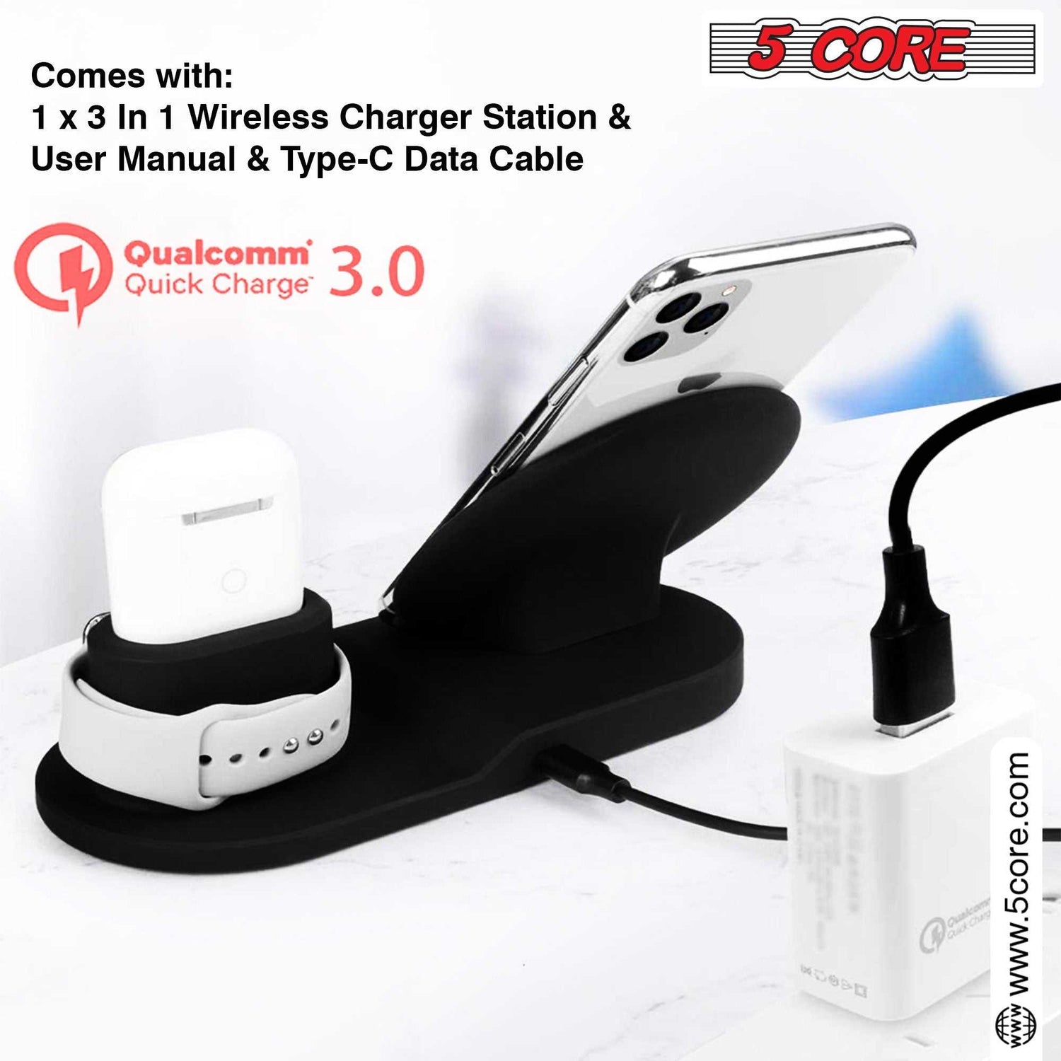 Wireless Charging Station 3 in 1 Wireless Charger Stand QI Fast Wireless Charging W Dual Coil for Samsung Iphone for Apple Watch Airpod -WCR 3
