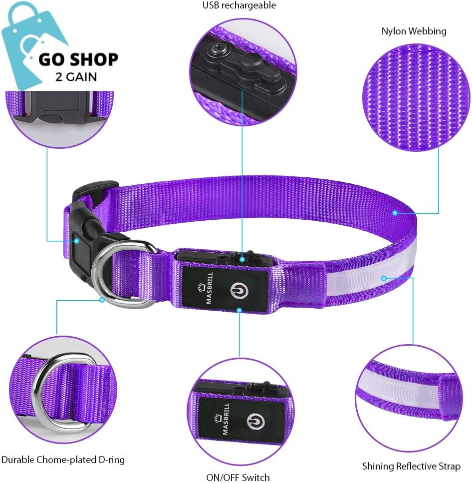 Light up Dog Collar, LED Dog Collar Rechargeable Lighted Dog Collar Glow Flashing Night Collar Waterproof, 4 Colors with 3 Sizes for Small Medium Large Dogs (S(0.98 * 15.75"), Purple)