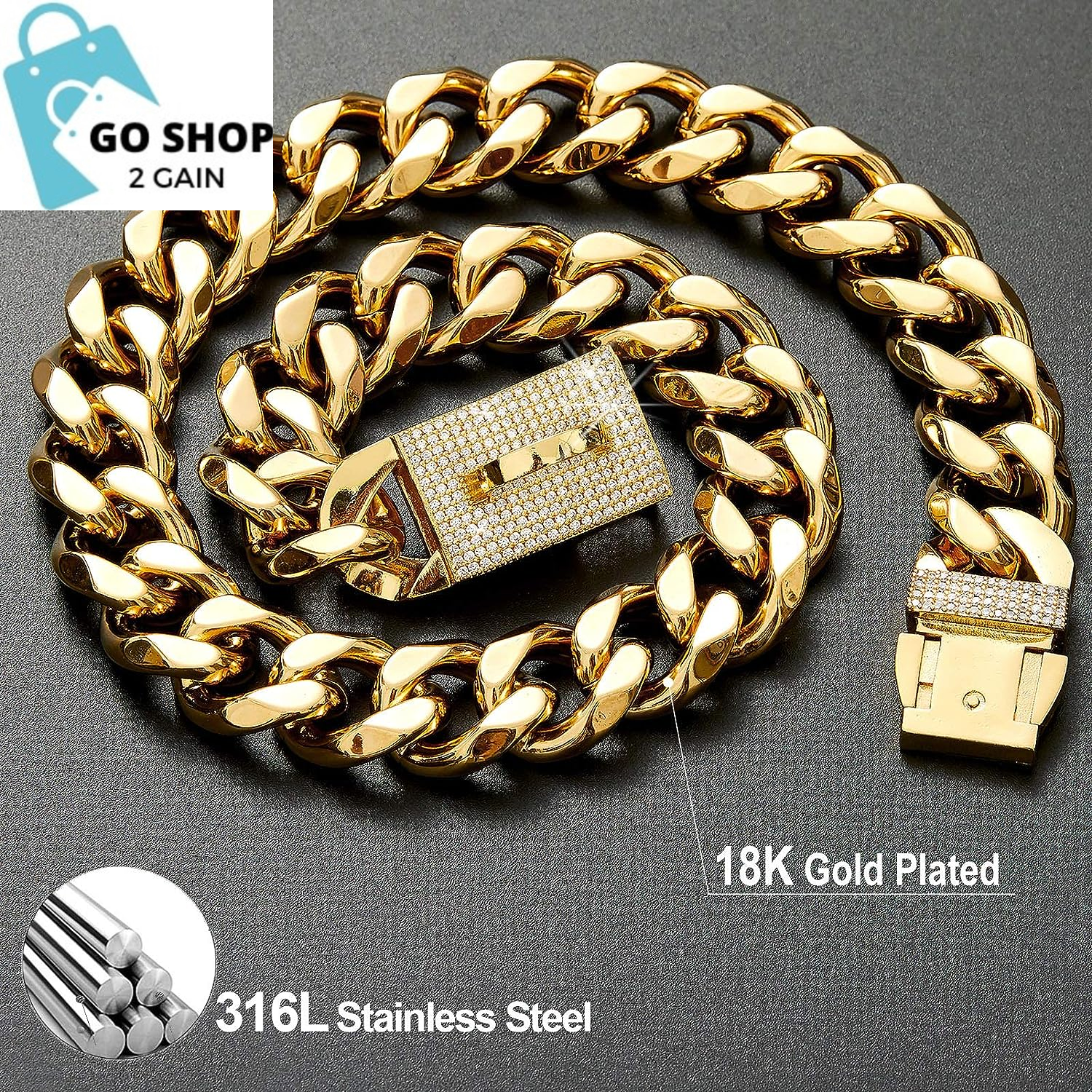 Gold Chain Cuban Link Dog Collar with CZ Lock,19Mm Width Stainless Steel Personalized Luxury Necklace Dog Collar for Large Medium Dogs