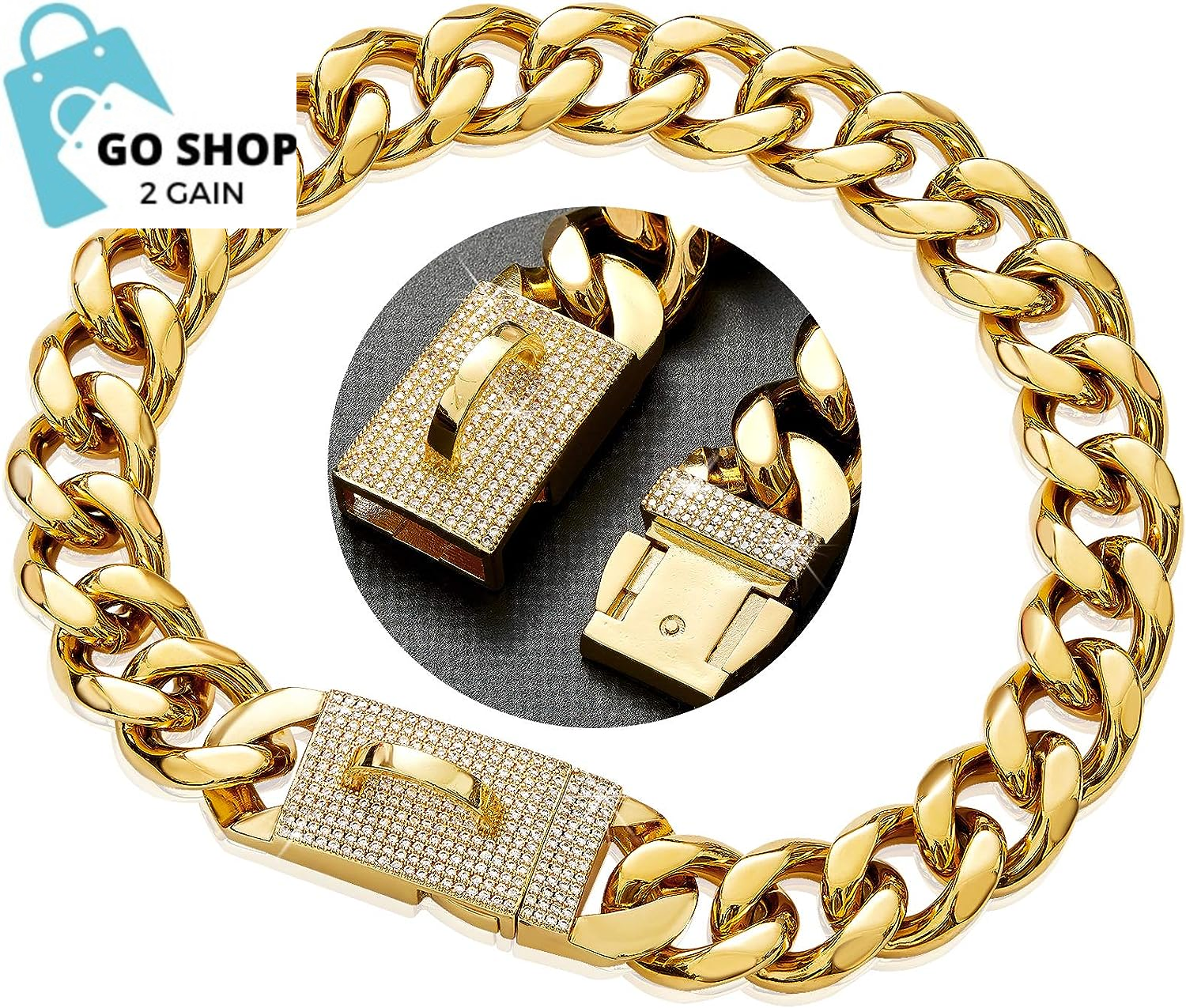 Gold Chain Cuban Link Dog Collar with CZ Lock,19Mm Width Stainless Steel Personalized Luxury Necklace Dog Collar for Large Medium Dogs