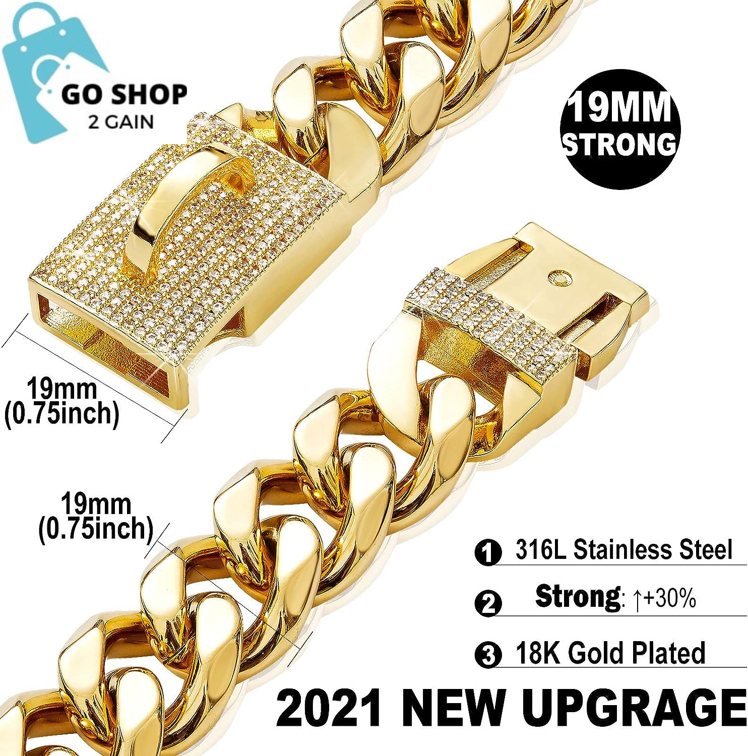 Gold Chain Cuban Link Dog Collar with CZ Lock,19Mm Width Stainless Steel Personalized Luxury Necklace Dog Collar for Large Medium Dogs