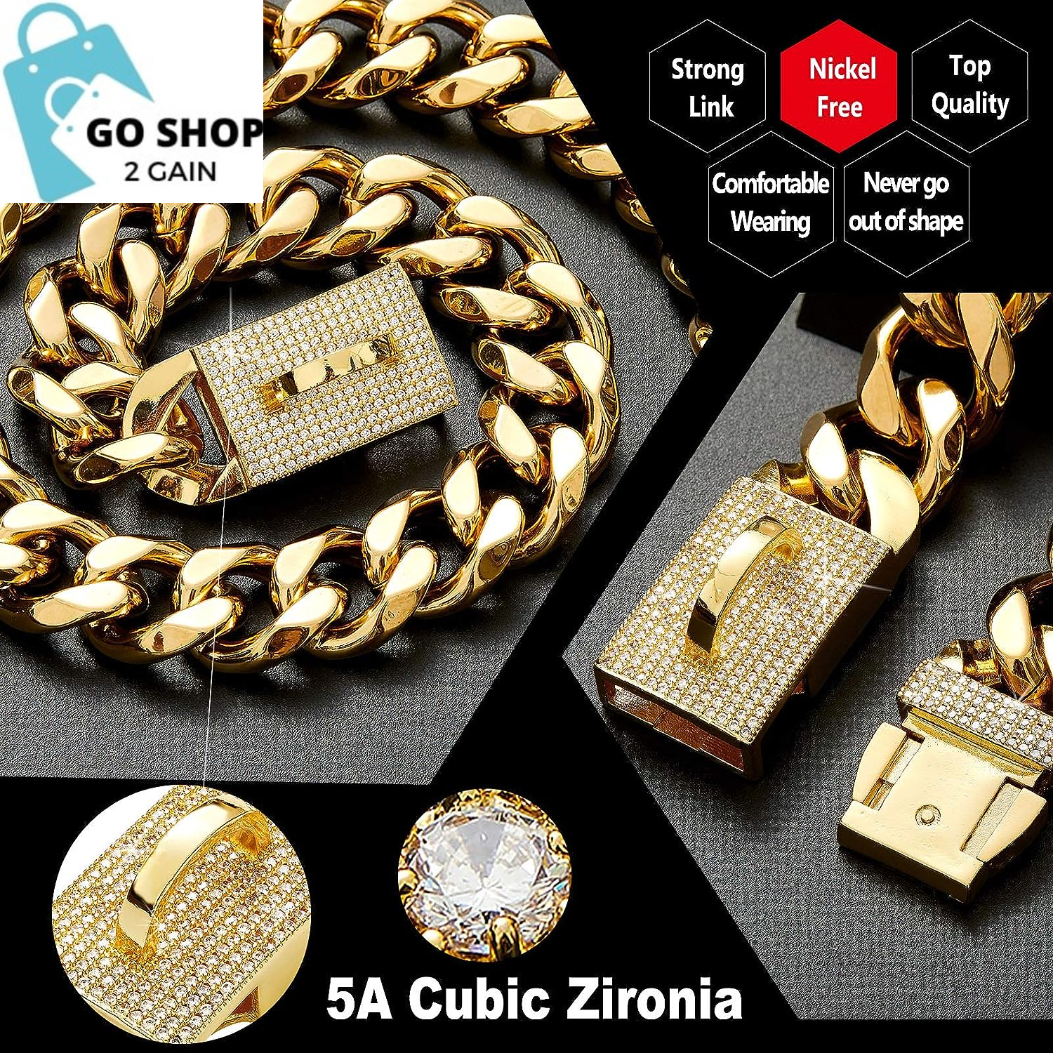 Gold Chain Cuban Link Dog Collar with CZ Lock,19Mm Width Stainless Steel Personalized Luxury Necklace Dog Collar for Large Medium Dogs