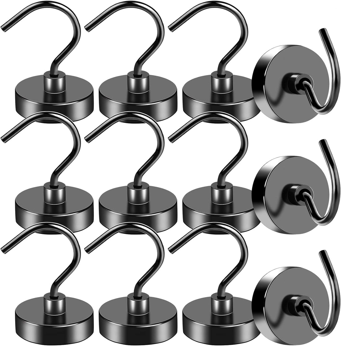  Magnetic Hooks Heavy Duty, 12 Pack 50LBS Black Strong Large Opening Magnet Hooks for Hanging, Neodymium Magnets with Hooks for Refrigerator, Cruise, Workplace and Office