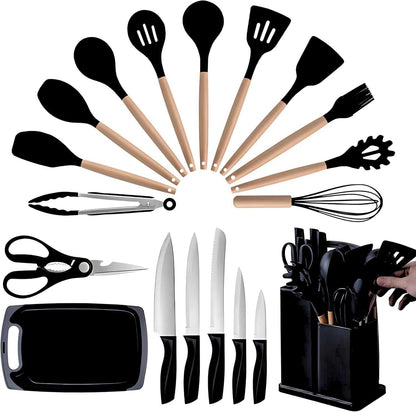 Cooking Utensils Set, 19-Piece Silicone Utensil and Knife Set with Block, Including 11 Silicone Utensils, 5 Stainless Steel Knives, Scissors, Kitchen Utensils Block and Cutting Board by -Black