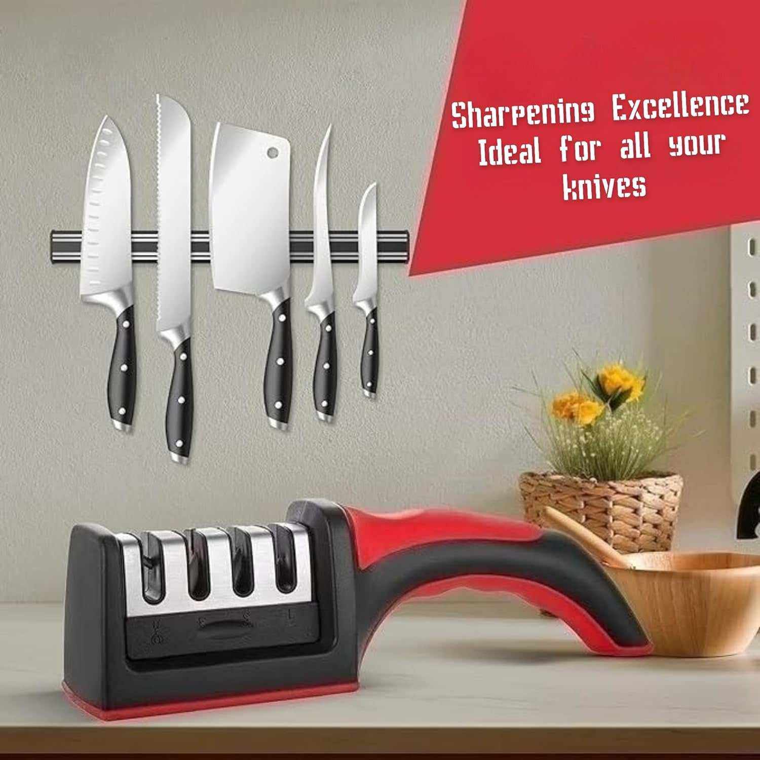 Knife Sharpeners for Kitchen Knives and Scissors– Tungsten Steel 4 In1 Kitchen Knife Sharpener – Ergonomic and Easy to Use Knife and Scissors Sharpening Kit with 4 Stage Sharpening Slots Black Red
