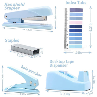Blue Office Supplies, Desk Organizers and Accessories Office Supplies with Stapler, Tape Dispenser, Staple Remover, Staples, Clips, Hole Punch and Tabs