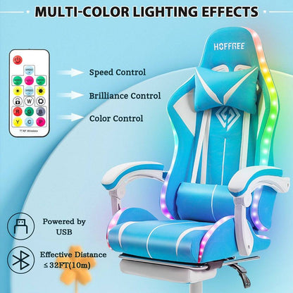 Gaming Chair with Bluetooth Speakers and LED Lights Massage Game Chair with Footrest Ergonomic Office Chair High Back with Headrest Armrest Lumbar Support for Home Office,300Lb