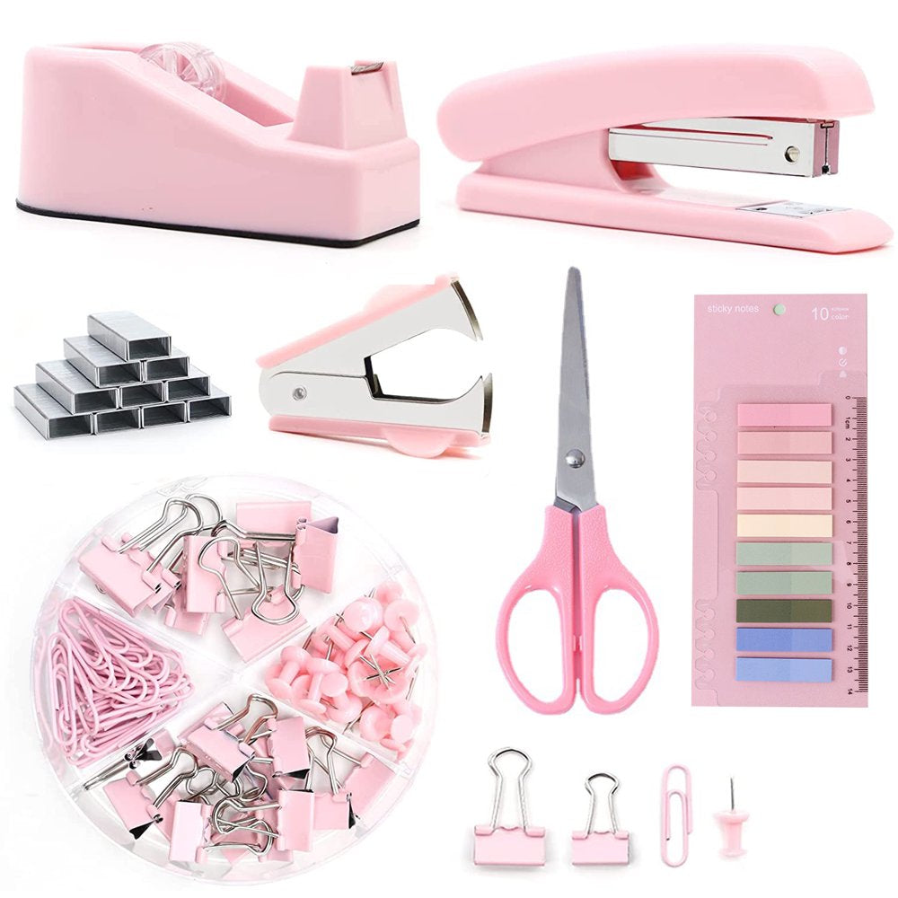 Pink Office Supplies, Desk Organizers and Accessories Office Supplies with Staple Remover, Stapler, Tape Dispenser, Staples, Clips, Scissor and Tabs
