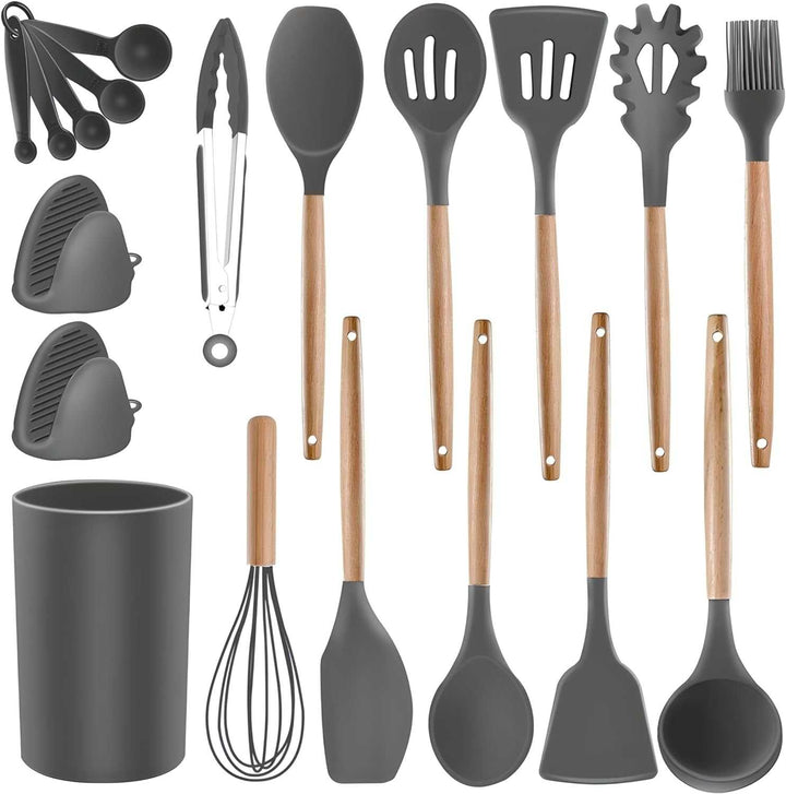 Kitchen Set: 19-Piece Utensils and Knife Set with Block, Includes 9-Piece Silicone Cooking Utensils, 5 Sharp Stainless Steel Chef Knives, Scissors, Whisk, Tongs, and Cutting Board (Black)