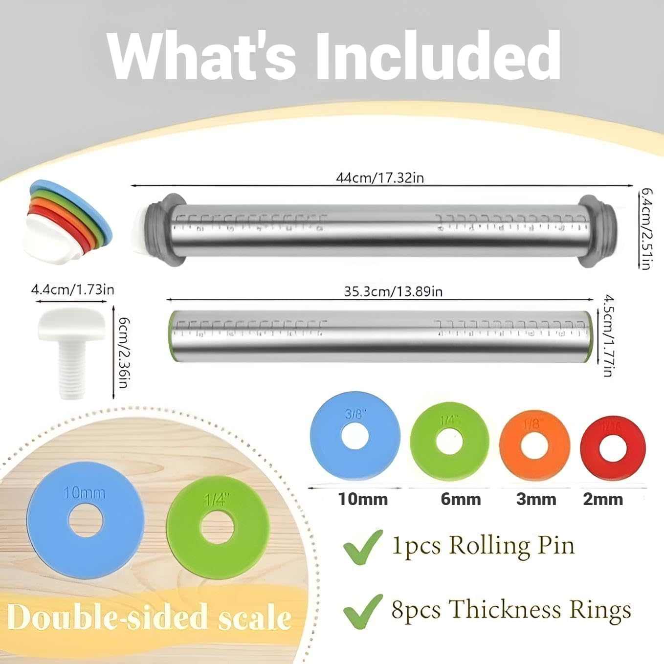 Adjustable Stainless Steel Rolling Pin with 4 Thickness Rings (2/3/6/10Mm) – Removable Discs for Dough, Pizza, Pastry &amp; Cookies – Non-Stick, Dishwasher Safe Baking Tool