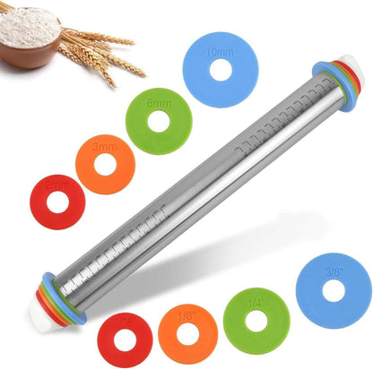 Adjustable Stainless Steel Rolling Pin with 4 Thickness Rings (2/3/6/10Mm) – Removable Discs for Dough, Pizza, Pastry &amp; Cookies – Non-Stick, Dishwasher Safe Baking Tool