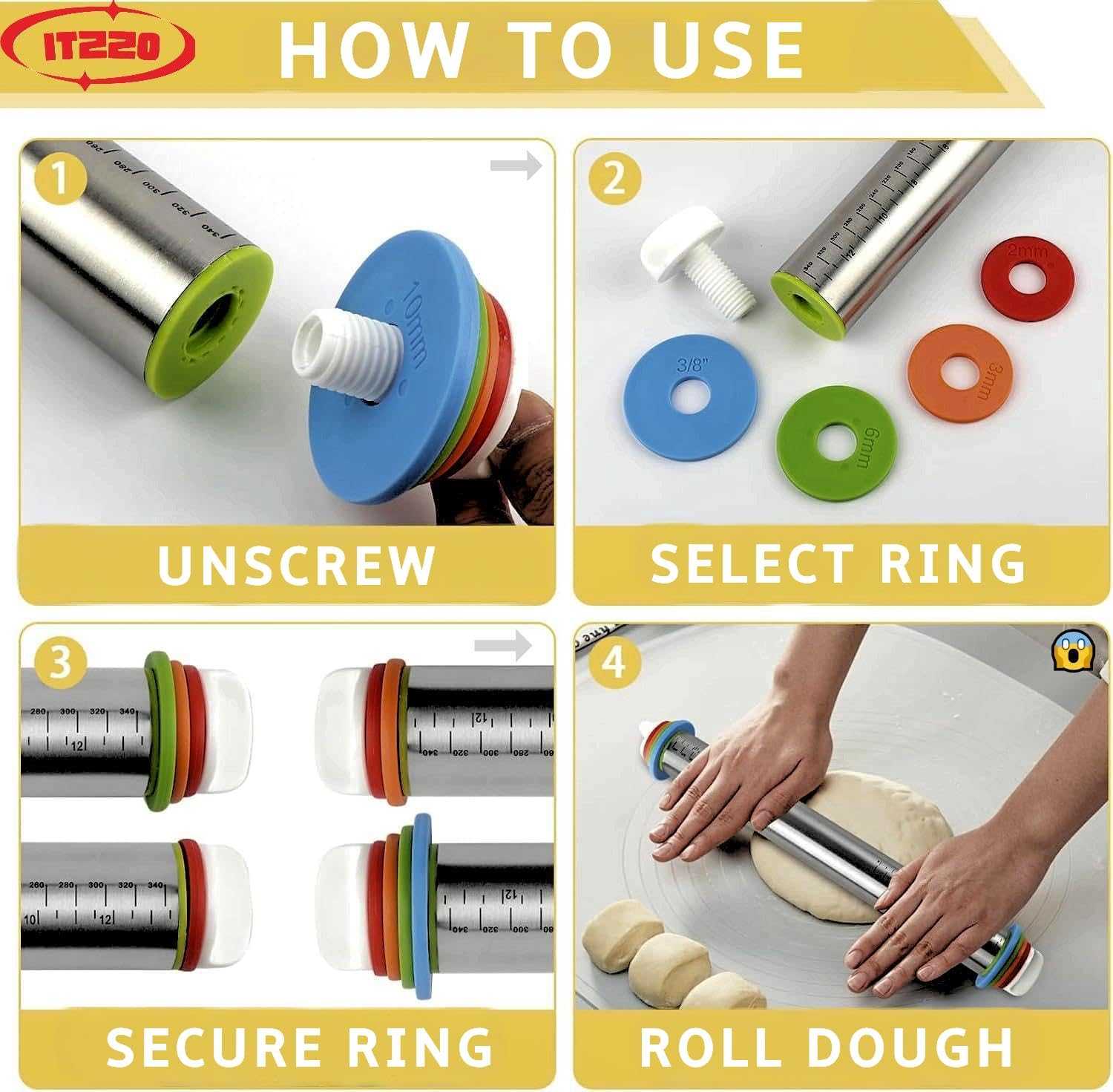 Adjustable Stainless Steel Rolling Pin with 4 Thickness Rings (2/3/6/10Mm) – Removable Discs for Dough, Pizza, Pastry &amp; Cookies – Non-Stick, Dishwasher Safe Baking Tool