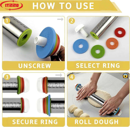 Adjustable Stainless Steel Rolling Pin with 4 Thickness Rings (2/3/6/10Mm) – Removable Discs for Dough, Pizza, Pastry &amp; Cookies – Non-Stick, Dishwasher Safe Baking Tool
