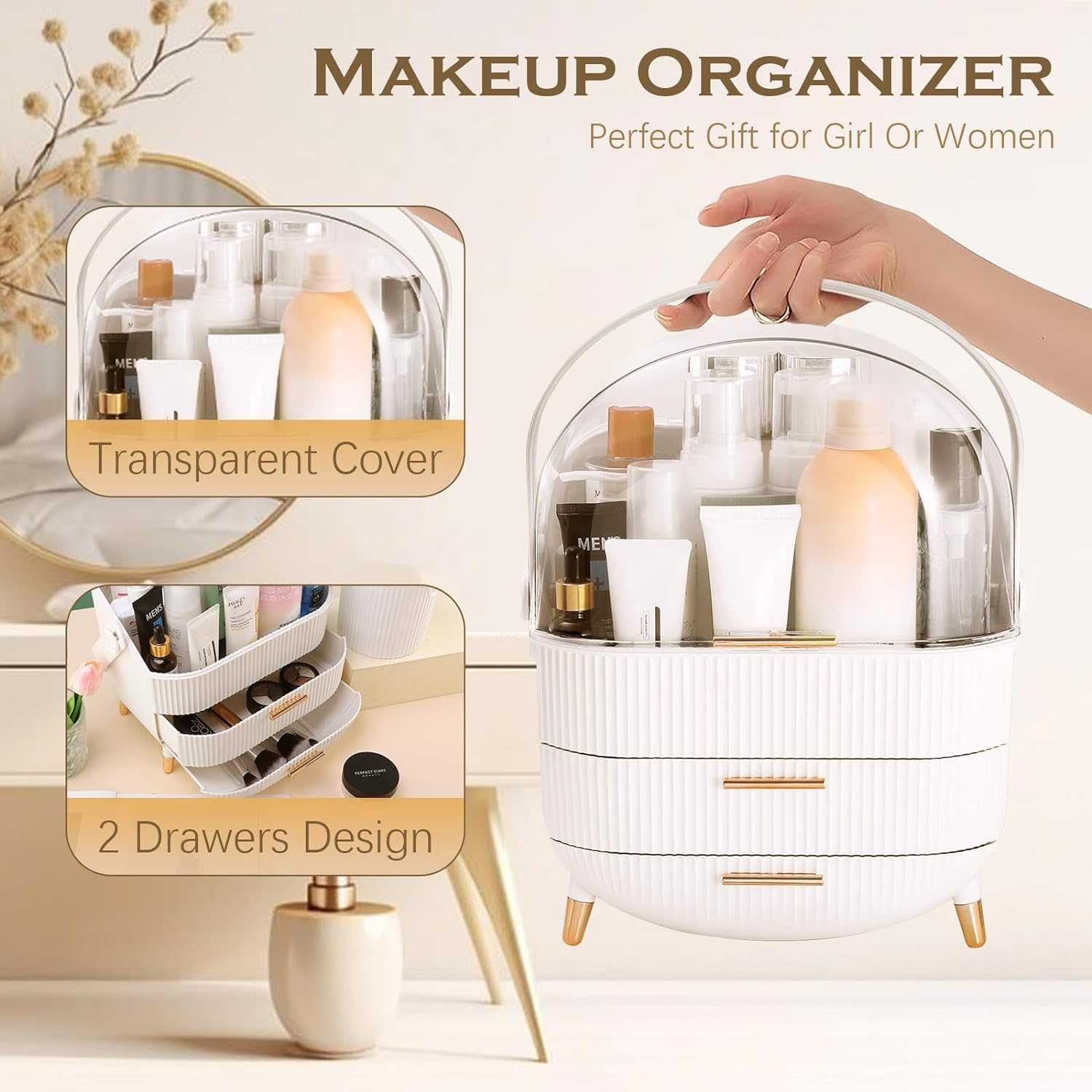 Makeup Organizers and Storage, Make up Organizer for Vanity Cosmetics Skincare Organizers With Lid and Drawers Display Cases for Countertop（White）