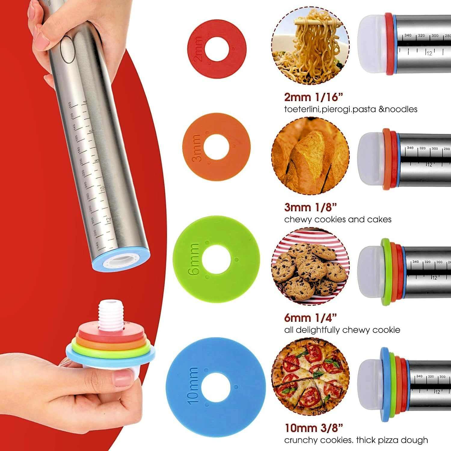 Adjustable Stainless Steel Rolling Pin with 4 Thickness Rings (2/3/6/10Mm) – Removable Discs for Dough, Pizza, Pastry &amp; Cookies – Non-Stick, Dishwasher Safe Baking Tool