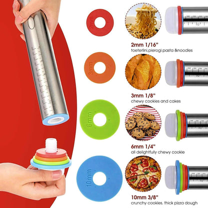 Adjustable Stainless Steel Rolling Pin with 4 Thickness Rings (2/3/6/10Mm) – Removable Discs for Dough, Pizza, Pastry &amp; Cookies – Non-Stick, Dishwasher Safe Baking Tool