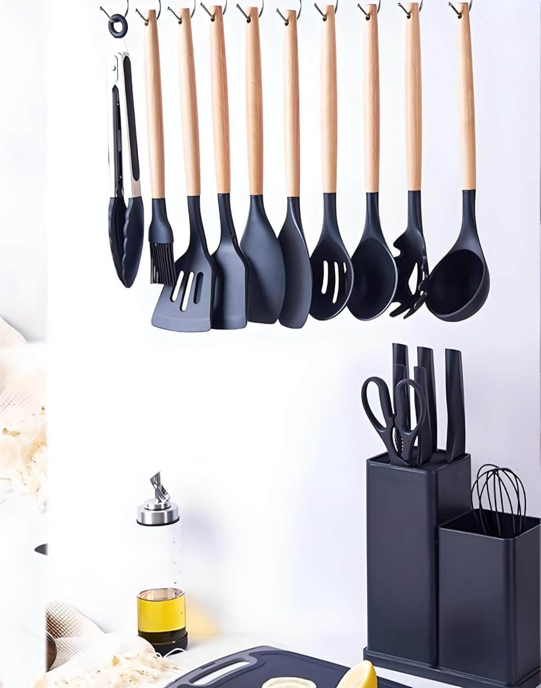 Silicone Kitchen Utensil Set: 19-Piece Utensils and Knife Set with Block, Includes 9-Piece Silicone Cooking Utensils, 5 Sharp Stainless Steel Chef Knives, Scissors, Whisk, Tongs, and Cutting Board (Black)