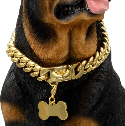 Gold Dog Chain Collar Walking Metal Chain Collar with Design Secure Buckle,18K Cuban Link Strong Heavy Duty Chew Proof for Medium Dogs(14Mm, 9.5&quot;)