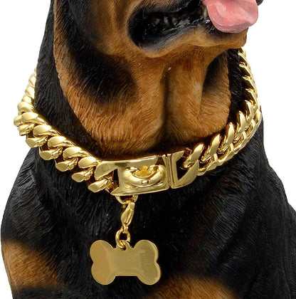 Gold Dog Chain Collar Walking Metal Chain Collar with Design Secure Buckle,18K Cuban Link Strong Heavy Duty Chew Proof for Medium Dogs(14Mm, 9.5&quot;)