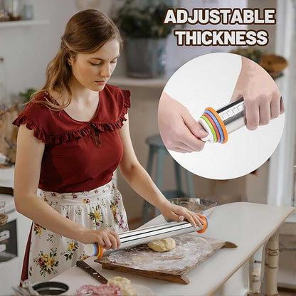 Adjustable Stainless Steel Rolling Pin with 4 Thickness Rings (2/3/6/10Mm) – Removable Discs for Dough, Pizza, Pastry &amp; Cookies – Non-Stick, Dishwasher Safe Baking Tool