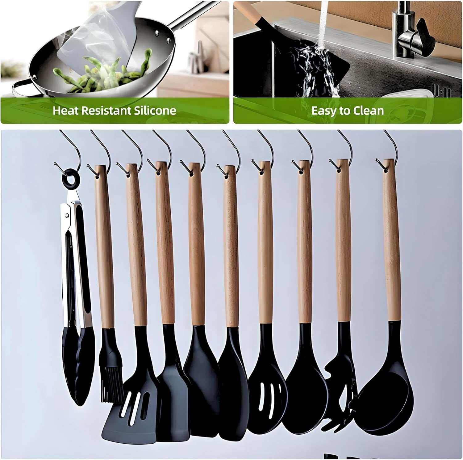 Cooking Utensils Set, 19-Piece Silicone Utensil and Knife Set with Block, Including 11 Silicone Utensils, 5 Stainless Steel Knives, Scissors, Kitchen Utensils Block and Cutting Board by -Black