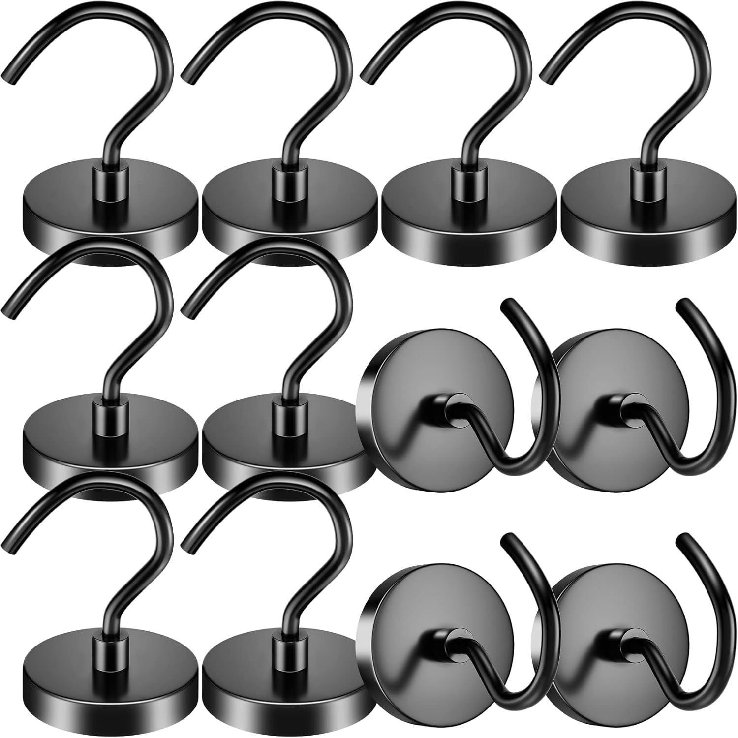  Magnetic Hooks Heavy Duty, 12 Pack 50LBS Black Strong Large Opening Magnet Hooks for Hanging, Neodymium Magnets with Hooks for Refrigerator, Cruise, Workplace and Office