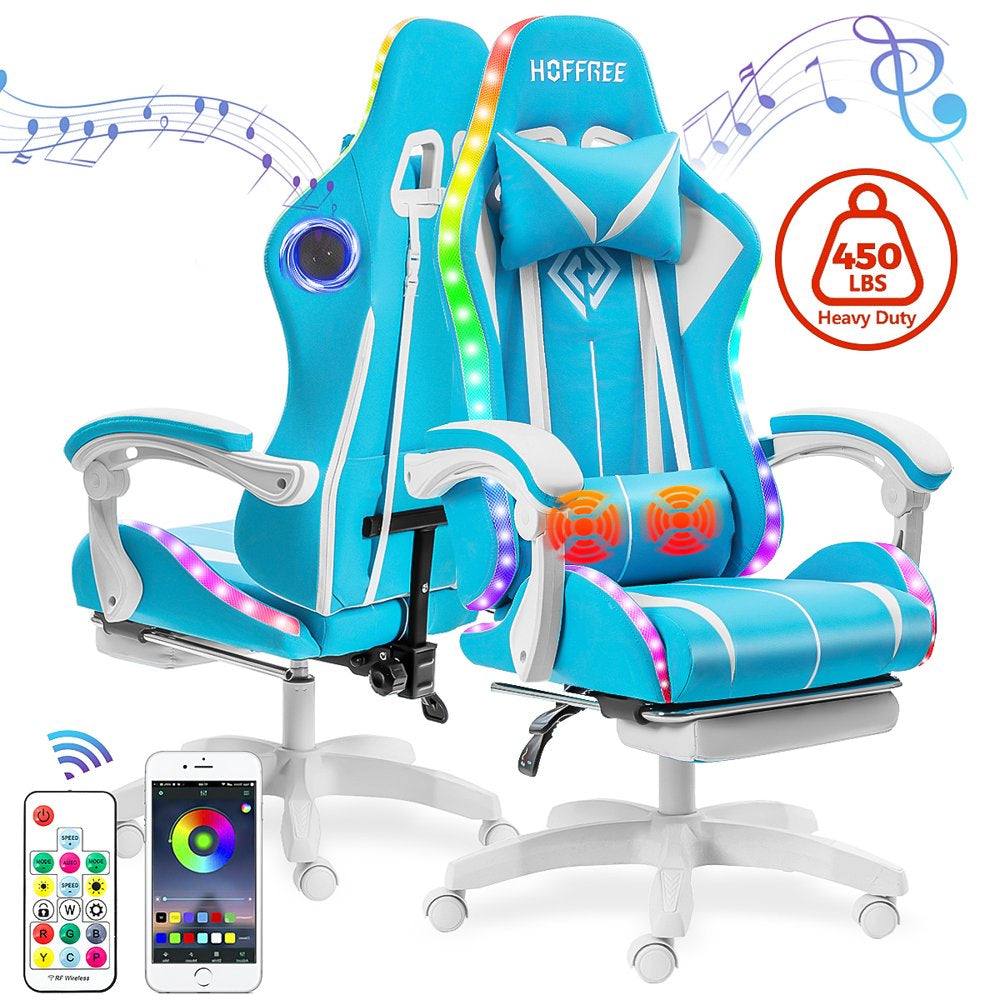 Gaming Chair with Bluetooth Speakers and LED Lights Massage Game Chair with Footrest Ergonomic Office Chair High Back with Headrest Armrest Lumbar Support for Home Office,300Lb