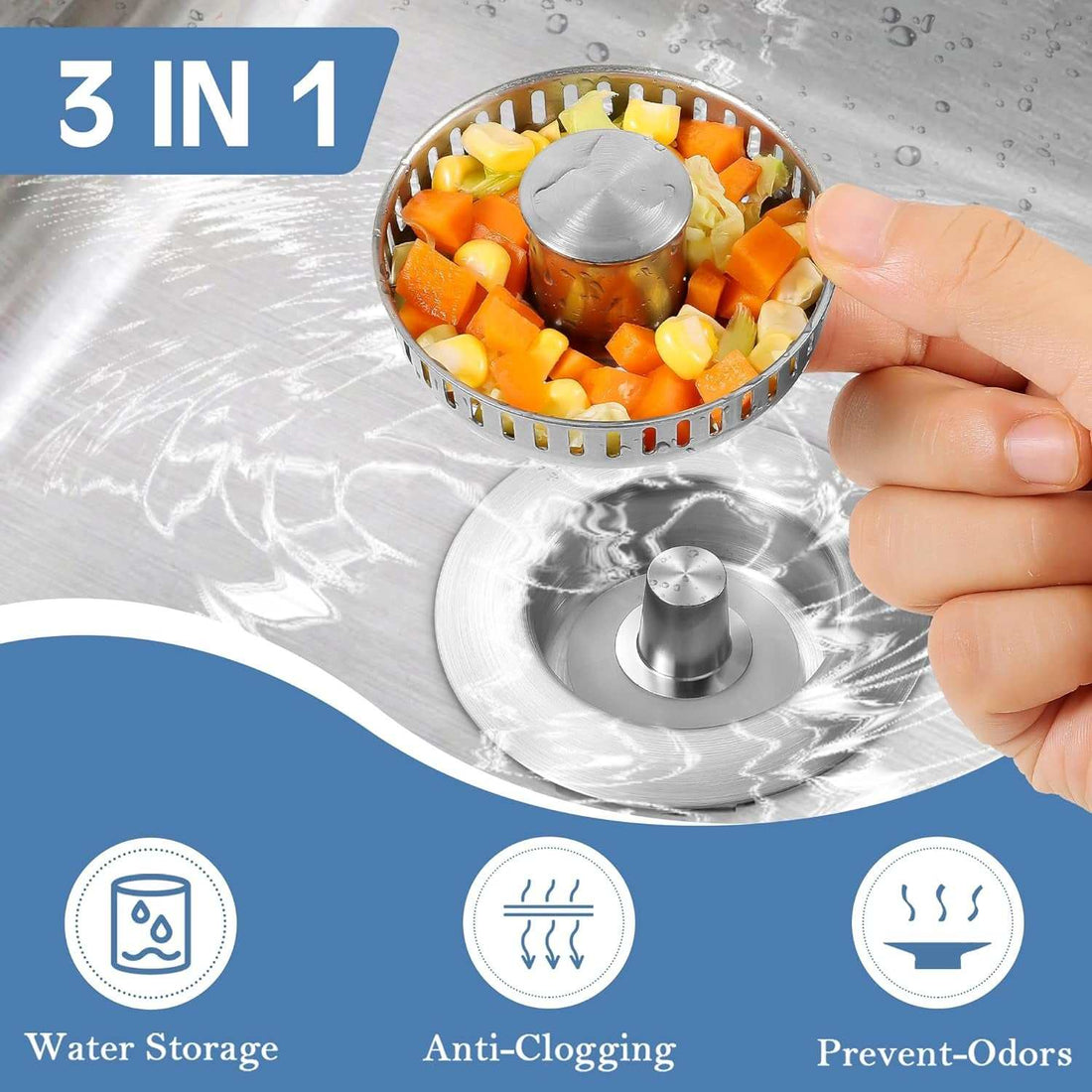 Kitchen Sink Drain Strainer 3 in 1, 304 Stainless Steel Pop up Sink Stopper, Anti-Clogging Sink Drain Strainer for US Standard Kitchen Drain