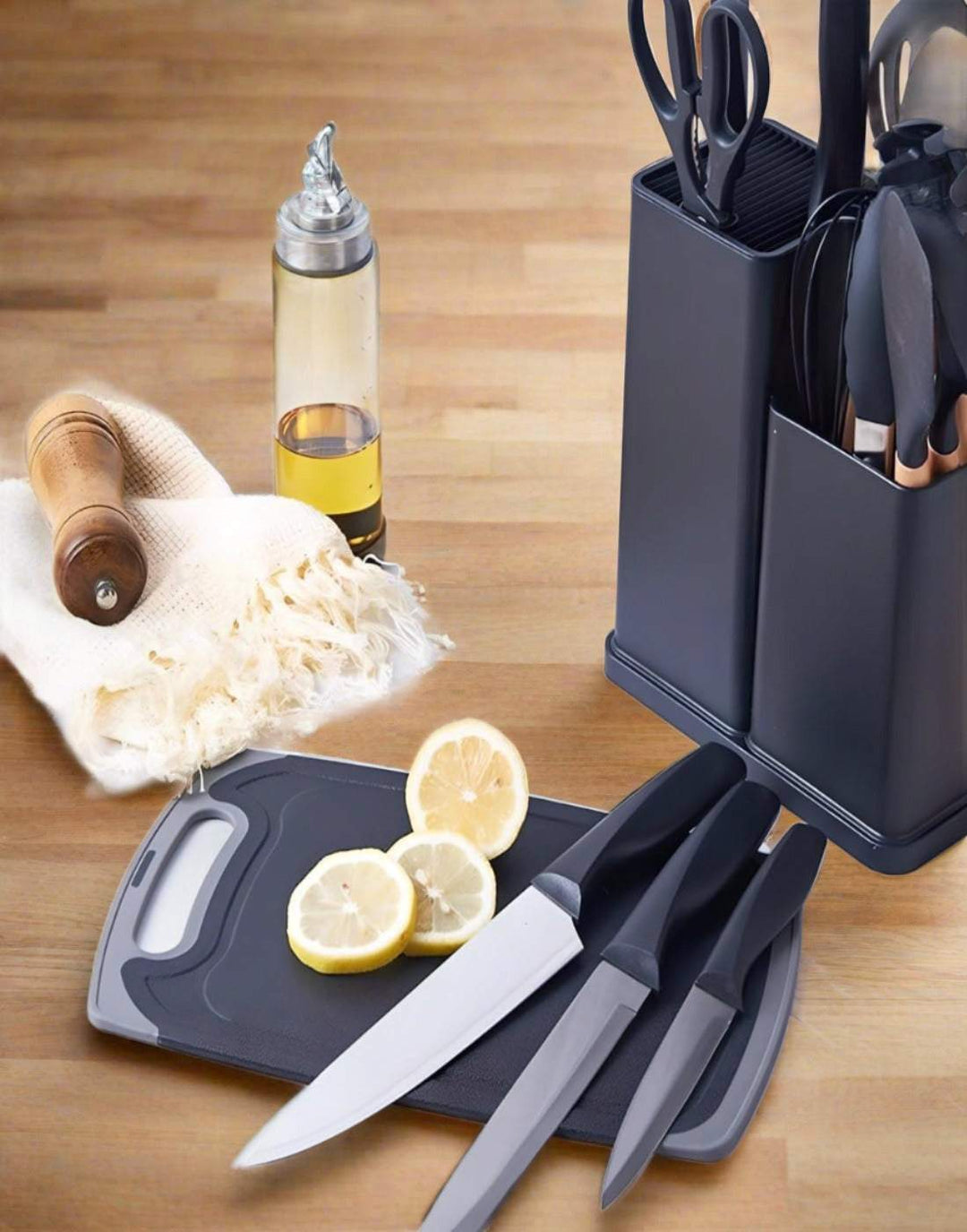 Kitchen Set: 19-Piece Utensils and Knife Set with Block, Includes 9-Piece Silicone Cooking Utensils, 5 Sharp Stainless Steel Chef Knives, Scissors, Whisk, Tongs, and Cutting Board (Black)
