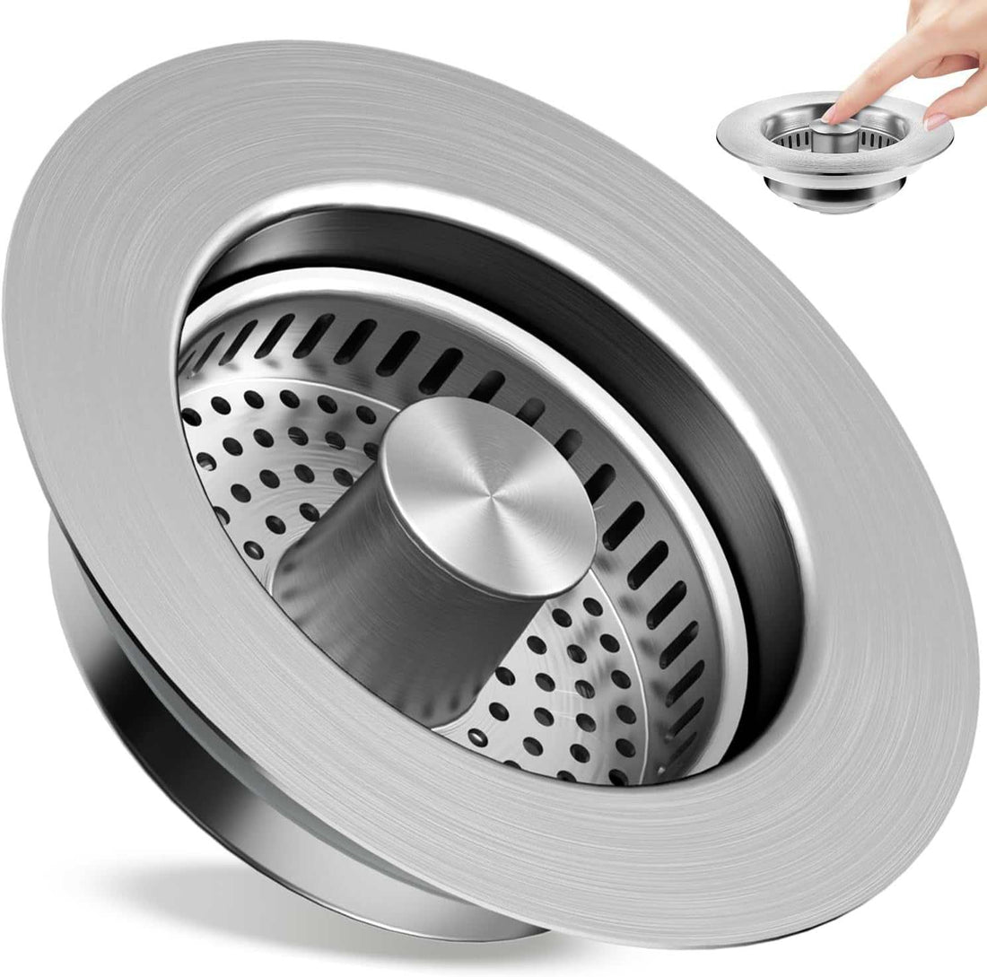 Kitchen Sink Drain Strainer 3 in 1, 304 Stainless Steel Pop up Sink Stopper, Anti-Clogging Sink Drain Strainer for US Standard Kitchen Drain