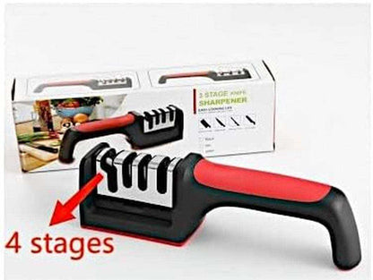Knife Sharpeners for Kitchen Knives and Scissors– Tungsten Steel 4 In1 Kitchen Knife Sharpener – Ergonomic and Easy to Use Knife and Scissors Sharpening Kit with 4 Stage Sharpening Slots Black Red